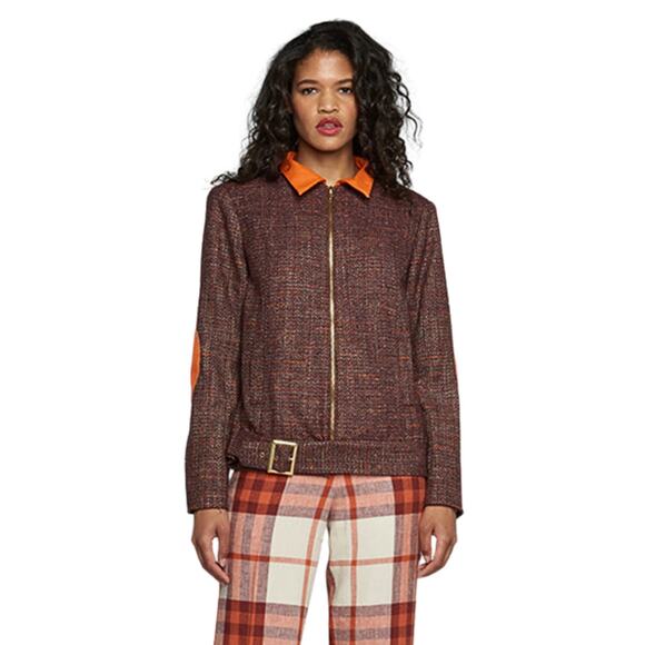 Deborah Ann Mack Jacket Womens Size 8 Red Orange Wool Tweed Leather Bomber Retro - Picture 1 of 16